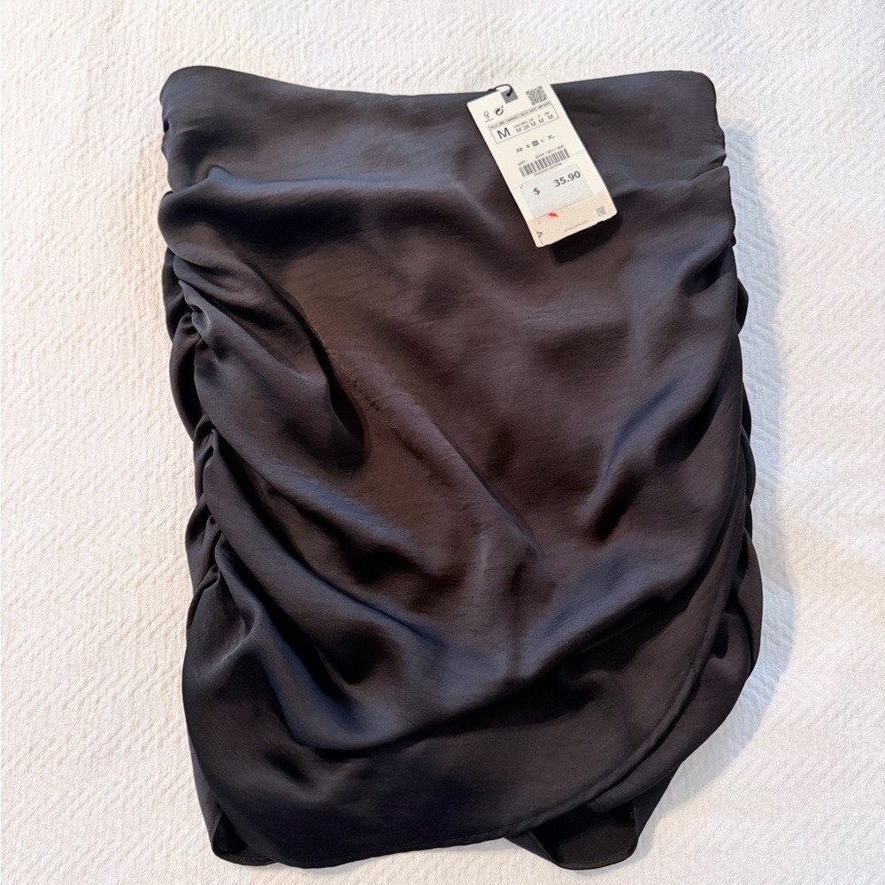 NWT Zara Y2K Black Satin Effect Ruched Strapless Tube Top with Side Gather SizeM